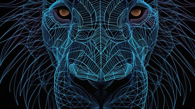 A stylized lion's face depicted with blue and purple lines against a dark backdrop
