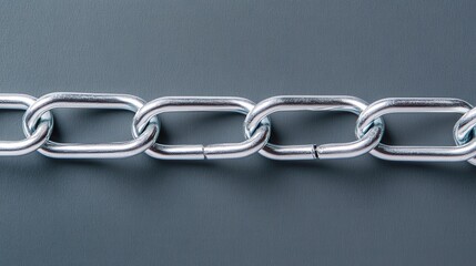 Obraz premium Shiny steel chain on gray background, closeup view of uniform oval links lying horizontally, soft studio lighting accentuating chrome reflections and tactile texture, ample negative space