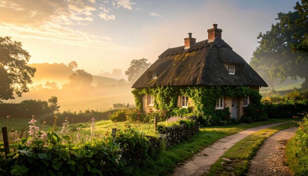 Charming thatched cottage nestled in a misty, sunlit rural countryside landscape
