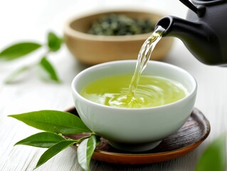 急須から白い器に注がれる鮮やかな緑茶と茶葉の入った木のボウルと生の茶葉のクローズアップ
