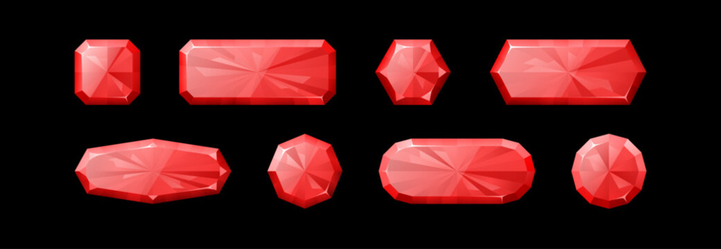 Game gem buttons and diamond crystal icons in cartoon fantasy style. Medieval UI frames with magical red jewels, hexagon gemstone badges and square assets for mobile app interface design elements.
