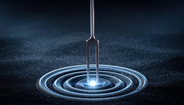 Vibrating tuning fork emitting concentric sound waves in a dark, textured environment