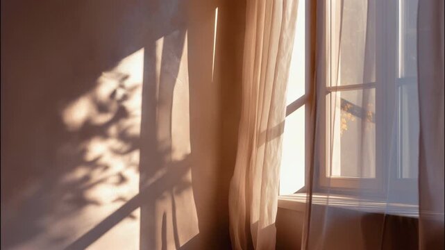 Warm golden sunlight streaming through sheer curtains beside an open window, casting soft shadows on textured wall and creating calm minimalist interior atmosphere