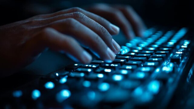 Macro close-up of hands typing rapidly on illuminated mechanical keyboard in dark environment, blue backlight highlighting speed, precision and modern digital workflow