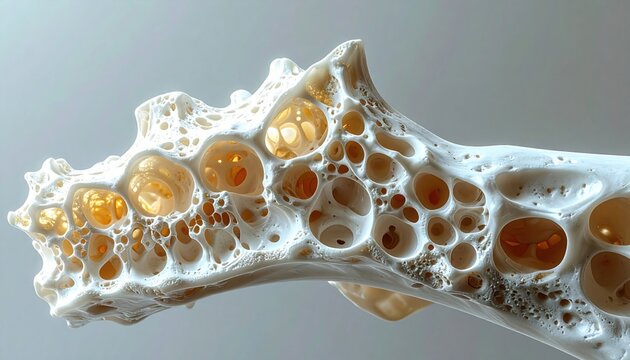 Detailed cross-section of spongy bone showing microscopic cellular structure and internal channels with warm lighting