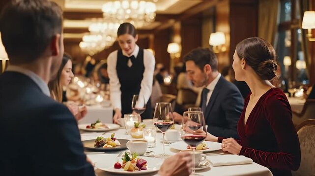 Elegant fine dining experience in a luxurious restaurant attentive server presents gourmet dishes to couples enjoying a romantic evening with wine and candlelight