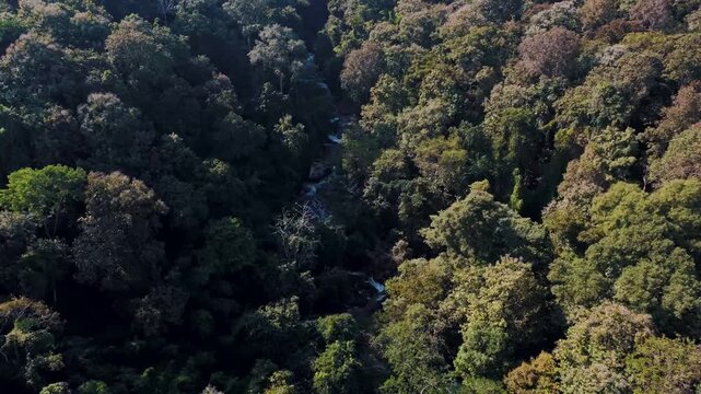 Aerial Mae Sae Waterfall cascading through jungle Chiang Mai Thailand