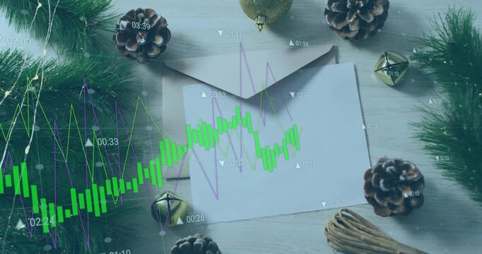 Financial chart appearing at left, rising and zigzagging over envelope while mapping market trends