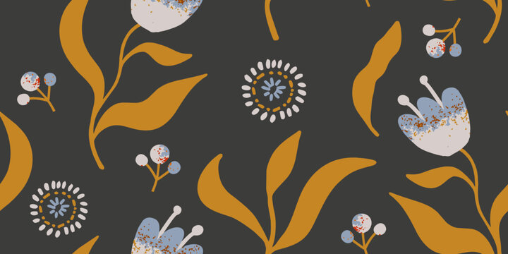 Muted Folk Art Floral Pattern on Dark Grey. Modern botanical vector illustration for textile and wallpaper