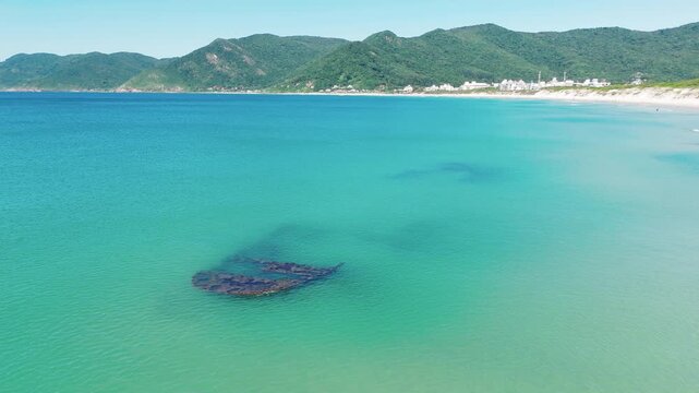 Shipwreck aerial. Aerial view of the Brazilian beach of Acores with the shipwreck. Island of Santa Catarina near the city of Florianopolis.