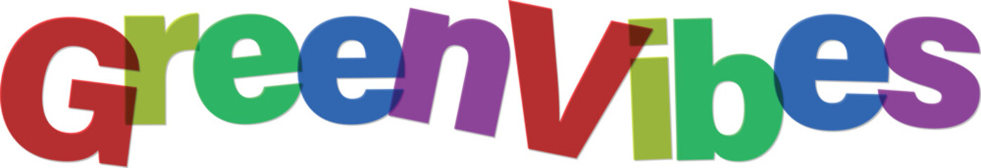 Colorful GreenVibes text logo with multicolored letters  vibrant typography in red green blue purple © tara