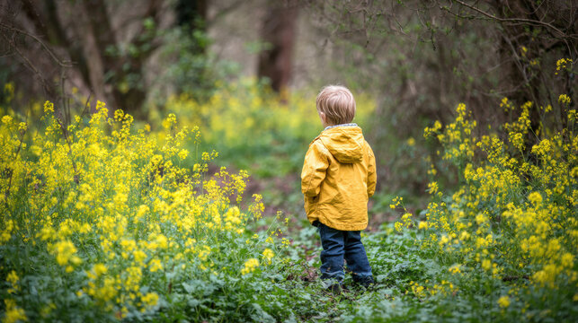 Toddler boy yellow jacket wildflower meadow spring forest path, quiet wonder and soft light