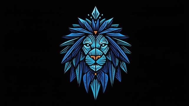 A stylized illustration of a lion's face with intricate blue and orange geometric patterns