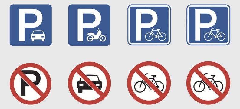 Parking Signs vector illustration, car, motorcycle, and bicycle no parking prohibition icons for traffic and road safety