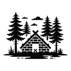 Obraz premium Cabin in the woods surrounded by tall pine trees and clouds on a transparent background illustration perfect for outdoor adventure camping and nature concepts