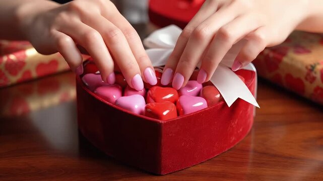 Elegant hands reach into a heart-shaped box overflowing with colorful chocolate candies perfect for Valentine s Day gifting and romantic celebrations