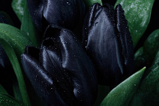 Dark tulips stand out against lush green leaves, creating an enc