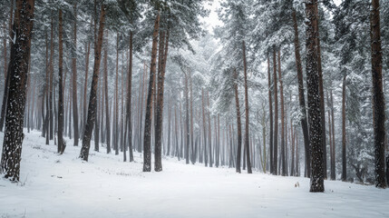 Winter forest pine snow snowfall shape tranquil scene, quiet and calm for peaceful walk