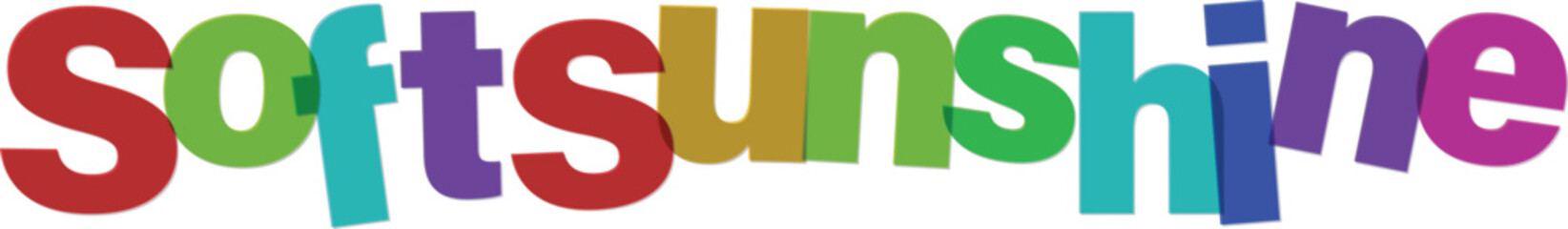 Colorful text graphic with the words soft and sunshine in a fun playful font with multiple colors including red green blue purple yellow and cyan  soft and sunny typography © tara