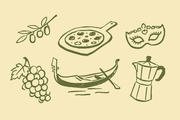 Italian doodle icons with pizza gondola and coffee vector illustration © Victoria