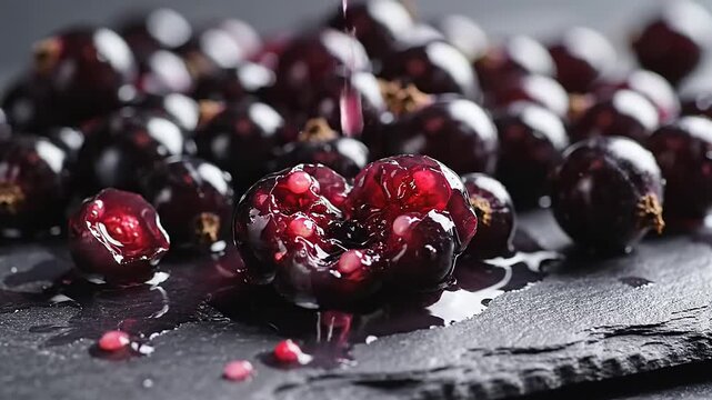 Close up of ripe dark berries bursting with juicy goodness on a textured surface