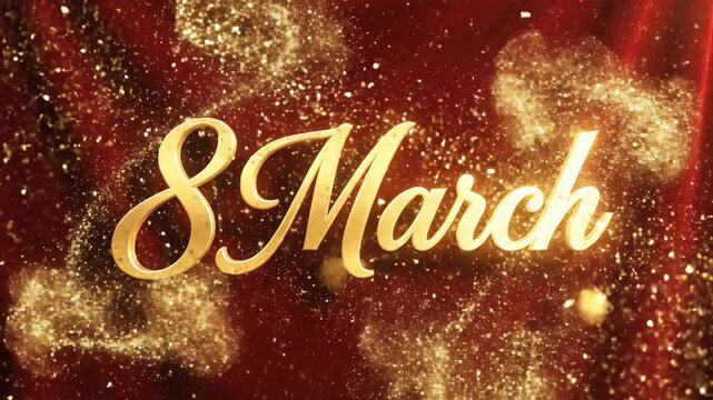 Golden 8 March text with sparkles on red fabric background