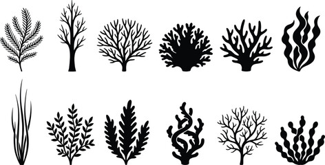 Black silhouette collection of underwater coral reef plants and seaweeds isolated on white background, perfect for marine life, ocean nature design © Junayid