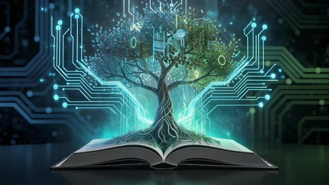 Digital tree growing from open book with futuristic technology and glowing circuit background