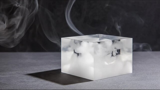 A clear cube with white smoke billowing inside and escaping from above, sitting on a gray surface