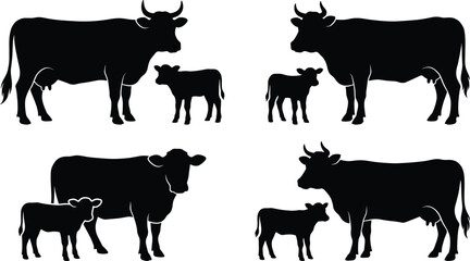 Black silhouette collection of dairy cow mother with calf standing together on white background representing organic farming, livestock agriculture, and rural animal husbandry imagery © JONI