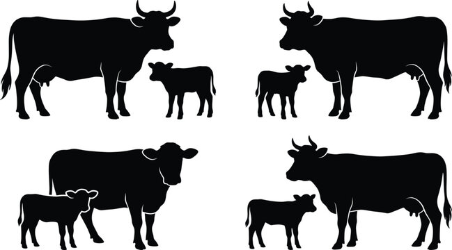 Black silhouette collection of dairy cow mother with calf standing together on white background representing organic farming, livestock agriculture, and rural animal husbandry imagery