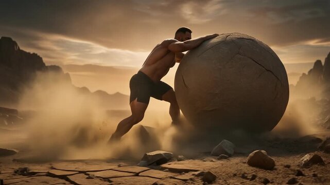 Muscular man pushing giant rock ball in desert landscape at sunset, strength and determination concept