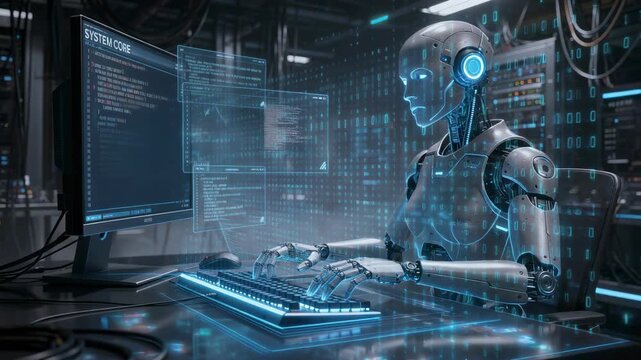 Futuristic robot programming holographic computer interface in high tech data center