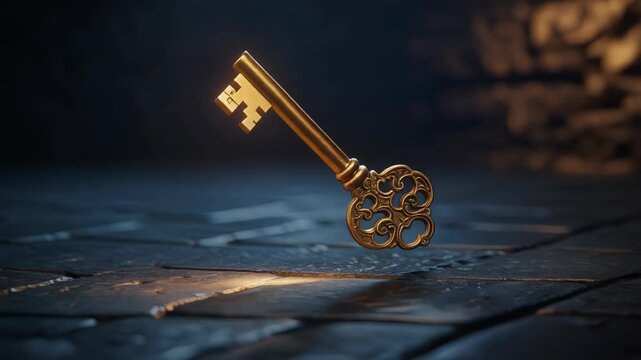 Golden antique key floating above textured stone surface with dark moody background