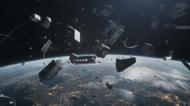 Space debris orbiting Earth with broken satellites and fragments in outer space above city lights