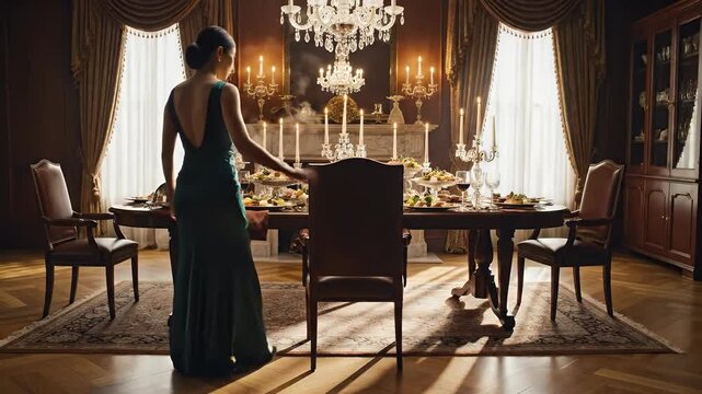 Elegant woman prepares a lavish dinner party in a luxurious dining room bathed in warm candlelight and showcasing opulent decor for a sophisticated event