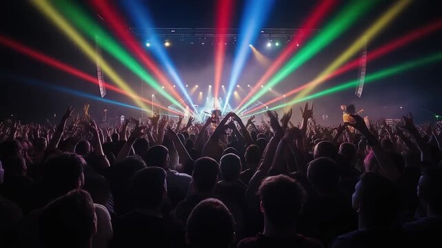 Energetic Concert Crowd with Colorful Laser Lights and Raised Hands at Live Music Festival.