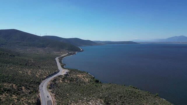 Cinematic Aerial View of Bafa Lake Nature and Mountains, Milas Mugla Region