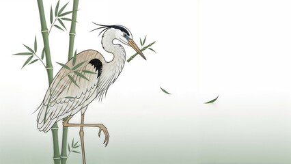 A serene heron in traditional Japanese painting style stands by bamboo. © Rasel