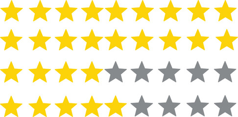 Star rating review illustration, five gold and gray stars feedback icon isolated on white background for customer satisfaction evaluation concept