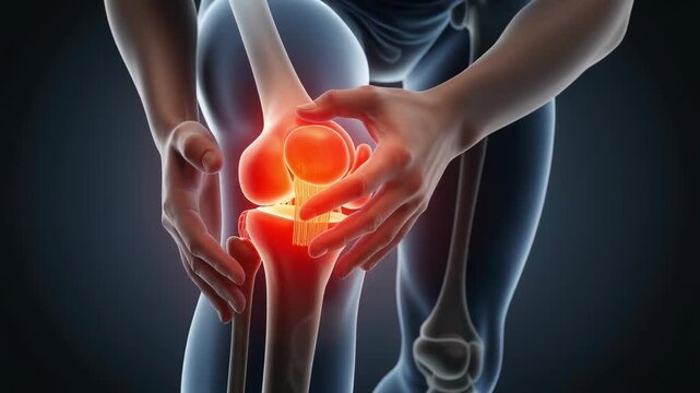 Detailed 3D illustration of human knee joint pain and inflammation with highlighted bones and ligaments
