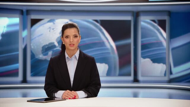 TV Live News Program with Professional Female Presenter Reporting. Television Cable Channel Anchorwoman Talks, Business, Economy, Entertainment. Mockup Network Broadcasting Playback