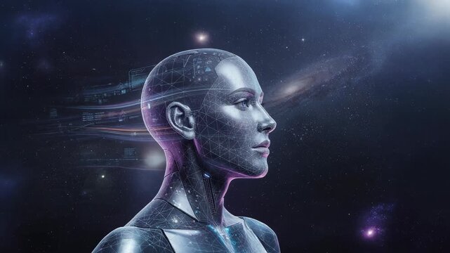 Futuristic artificial intelligence robot head in digital space with galaxy background and glowing data streams