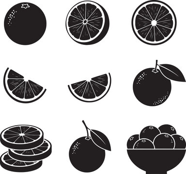Citrus fruit icon collection. Includes lemon, orange, lime, fruit slice, and whole fruit symbols. Created in solid black style with white accents.