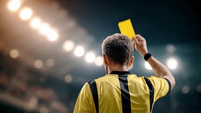 A referee signaling a yellow card in a stadium full of lights. He is wearing a yellow and black striped uniform, his arm raised