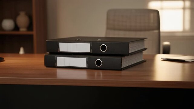 Stacked black office binders on wooden desk in modern workspace with blurred background and natural light