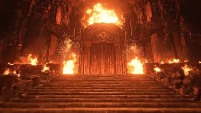 An image of a gothic building engulfed in flames, portraying destruction and chaos. The scene is filled with burning fire and a sense of impending doom 