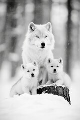 Obraz premium Majestic White Wolf Family in Misty Forest