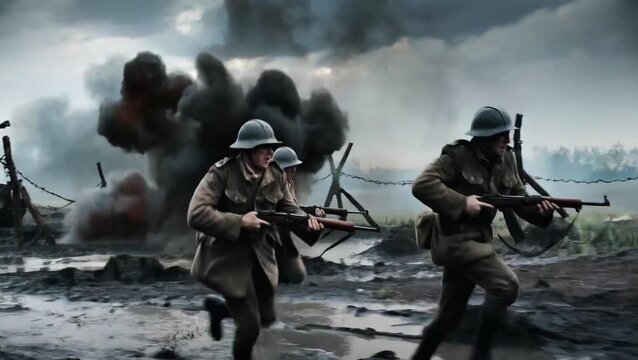 High-angle night view of a war zone. Soldiers running through the chaos of massive explosions and bomb blasts. Fiery light reflects off the smoke and dust. Realistic Generative AI.