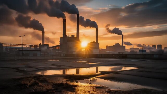 Industrial factory plant with smoke pollution at sunset reflecting on water puddles urban environment